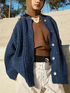 NEW Nikki Chasin Sybil Tweed Ribbed Cardigan Navy Blue Size Small
